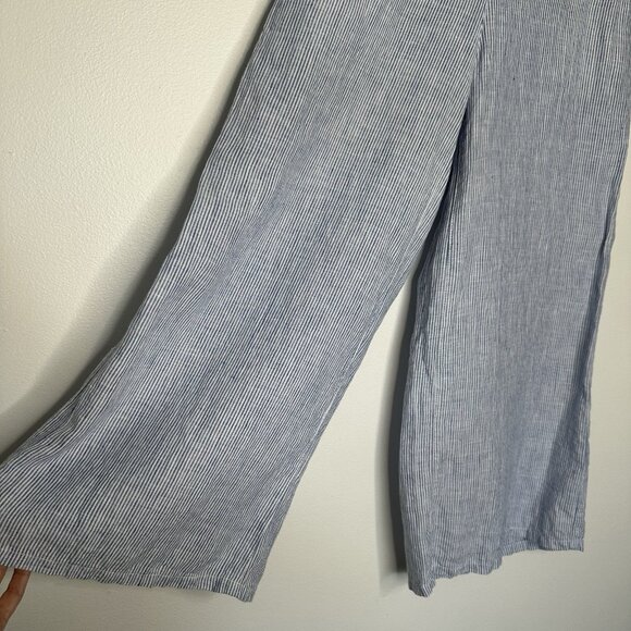 Tahari Pull on Pants Size S Wide Leg 100% Linen Cropped Blue White Stripe - Picture 2 of 11